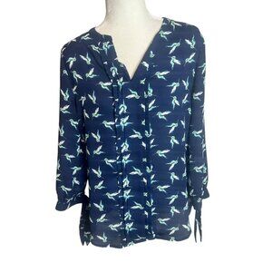 41 Hawthorn Semi-Sheer Top Size Medium Blue Hummingbird Pattern Long-Sleeve